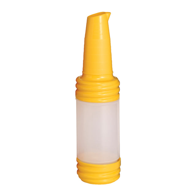 A yellow PourMaster Bottle with a transparent middle section, ridged yellow top and bottom, and a narrow, angled pouring spout at the top. This dishwasher safe pour spout bottle is shown against a white background.