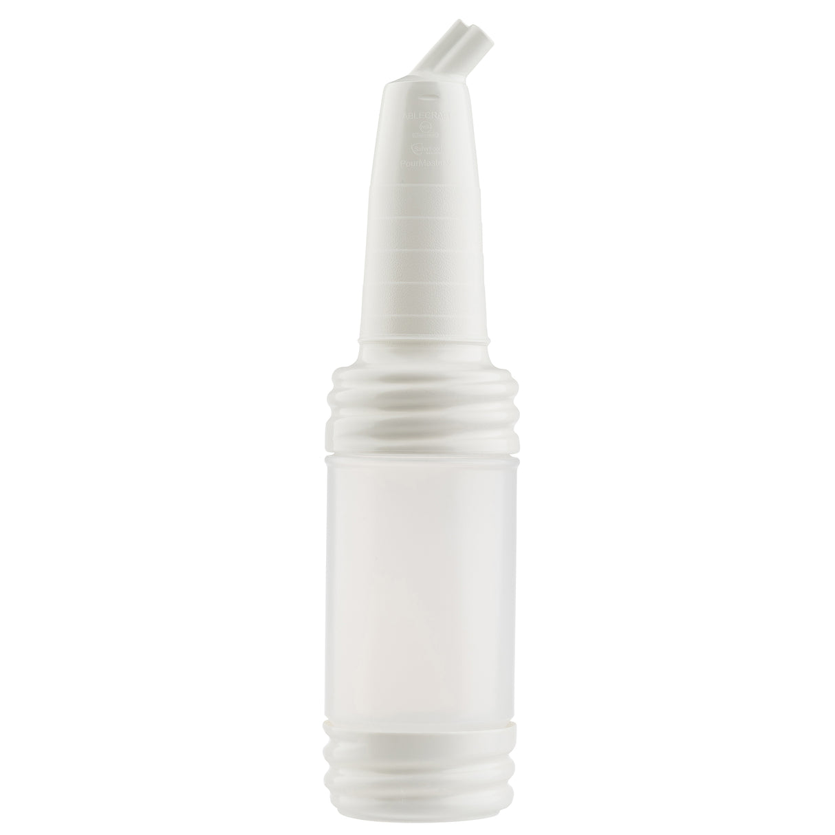 A white plastic PourMaster Long Neck Top squeeze bottle with a ribbed, tapered nozzle and a cylindrical body. The cap is ridged for grip, and the angled nozzle allows precise dispensing. Dishwasher safe, it’s ideal for SaferFood Solutions.