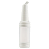 A white plastic PourMaster Long Neck Top squeeze bottle with a ribbed, tapered nozzle and a cylindrical body. The cap is ridged for grip, and the angled nozzle allows precise dispensing. Dishwasher safe, it’s ideal for SaferFood Solutions.