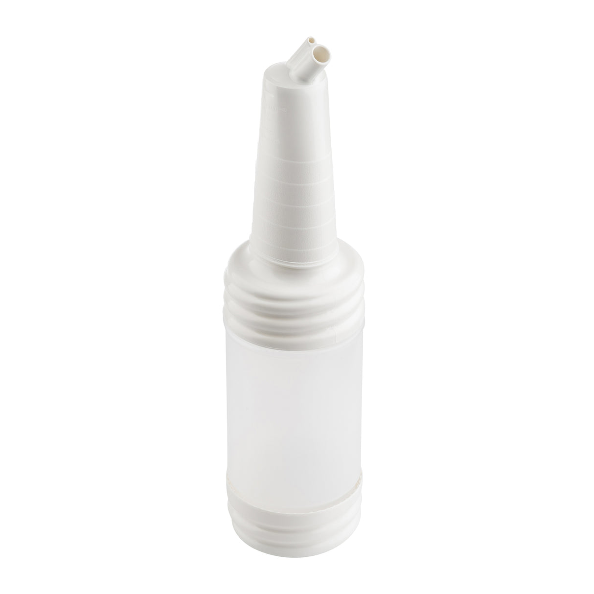 A clear plastic PourMaster Long Neck Top bottle with a ribbed cylindrical middle and a white, cone-shaped, ridged spout. The upward-angled spout has two small openings. This dishwasher safe bottle stands upright on a plain white background.