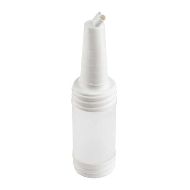 A clear plastic PourMaster Long Neck Top bottle with a ribbed cylindrical middle and a white, cone-shaped, ridged spout. The upward-angled spout has two small openings. This dishwasher safe bottle stands upright on a plain white background.