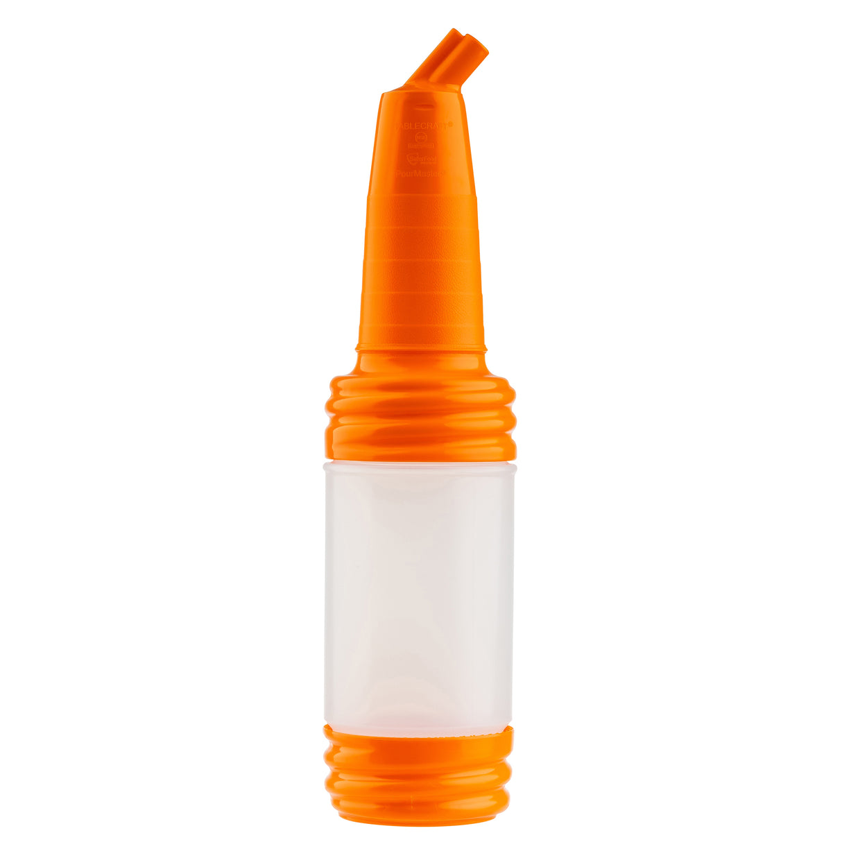 A plastic bottle with an orange ribbed top and bottom and a clear, cylindrical middle section. The PourMaster Complete Unit by TableCraft Products features a spout angled to one side, making it ideal as a bar or kitchen accessory.