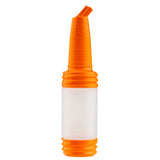 A plastic bottle with an orange ribbed top and bottom and a clear, cylindrical middle section. The PourMaster Complete Unit by TableCraft Products features a spout angled to one side, making it ideal as a bar or kitchen accessory.