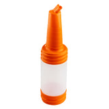 A clear plastic bottle from TableCraft Products, featuring an orange screw-on base and a long neck top spout. The PourMaster Complete Unit is ideal for pouring or dispensing liquids, commonly used in bars for mixers or syrups.