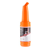 A bright orange plastic bottle with a ribbed neck and long neck top, labeled “HEET” in red and white. The label features product information and a small image of pouring liquid into a car’s fuel tank. The background is white.
