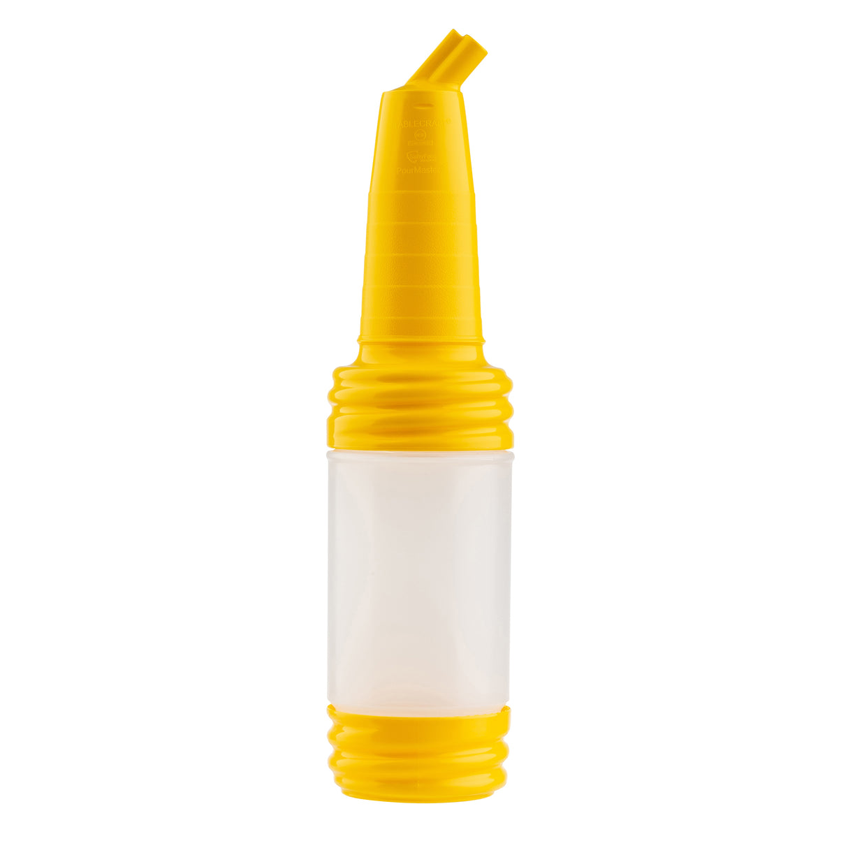 A yellow TableCraft PourMaster Complete Unit pour spout with a clear middle section. The long neck top is angled for easy pouring, while the wide ribbed base provides grip. Its practical, functional design lets you see the contents inside.