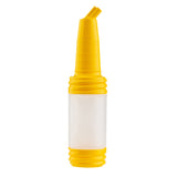 A yellow TableCraft PourMaster Complete Unit pour spout with a clear middle section. The long neck top is angled for easy pouring, while the wide ribbed base provides grip. Its practical, functional design lets you see the contents inside.