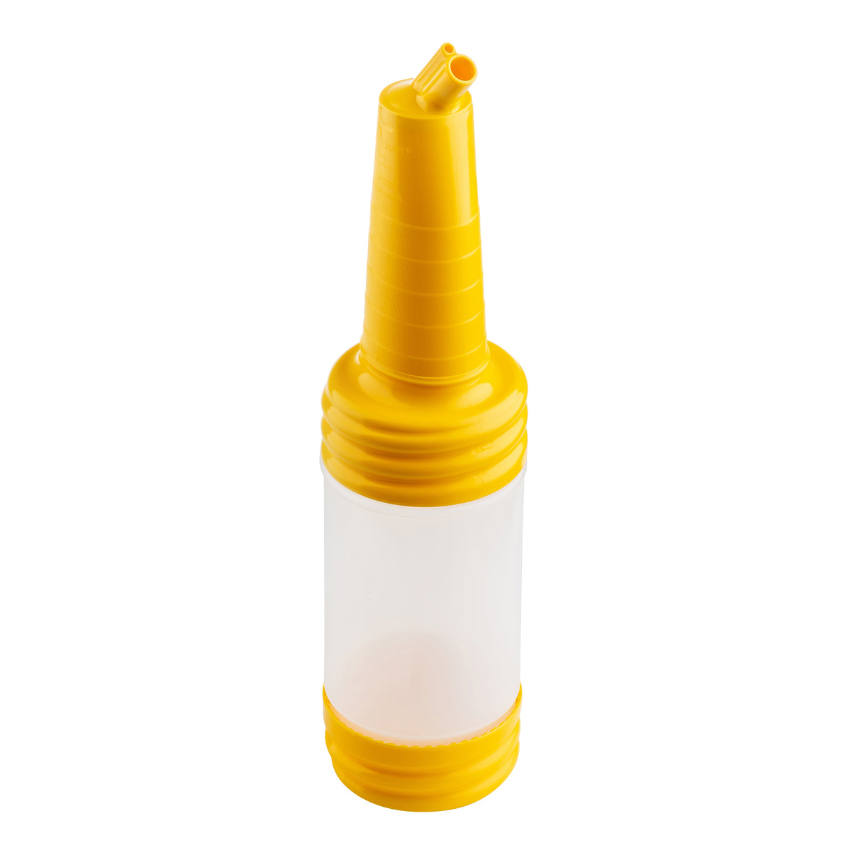A yellow PourMaster Complete Unit with a transparent middle section, commonly used in bars for dispensing liquor. The spout features a long neck top with a small air hole, ridged grip, and cylindrical container with yellow screw-on top and bottom.