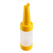 A yellow PourMaster Complete Unit with a transparent middle section, commonly used in bars for dispensing liquor. The spout features a long neck top with a small air hole, ridged grip, and cylindrical container with yellow screw-on top and bottom.