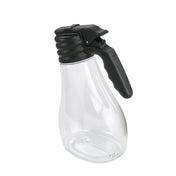 A clear, empty BPA Free plastic syrup or salad dressing dispenser with a black ribbed lid and ergonomic handle. The 48 oz. container features a wide base that tapers toward the top, set against a plain white background.