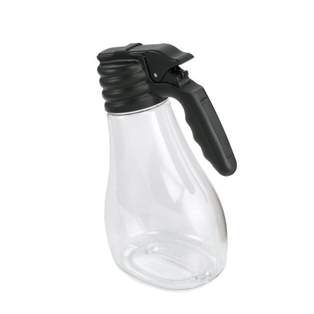 A clear, empty BPA Free plastic syrup or salad dressing dispenser with a black ribbed lid and ergonomic handle. The 48 oz. container features a wide base that tapers toward the top, set against a plain white background.