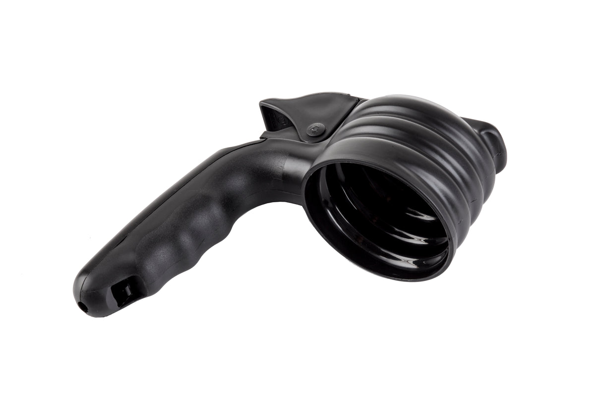 A black handheld citrus juicer with an ergonomic, textured handle and a ridged, rounded juicing cup; the sturdy polycarbonate body adds durability to its practical design. Shown on a white background.