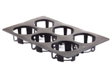 A black, rectangular silicone mold with six round cavities, each supported by sturdy rings and open bottoms. The dishwasher safe design is angled slightly, showing its depth and the open structure beneath each cavity.