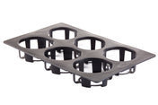 A black, rectangular silicone mold with six round cavities, each supported by sturdy rings and open bottoms. The dishwasher safe design is angled slightly, showing its depth and the open structure beneath each cavity.