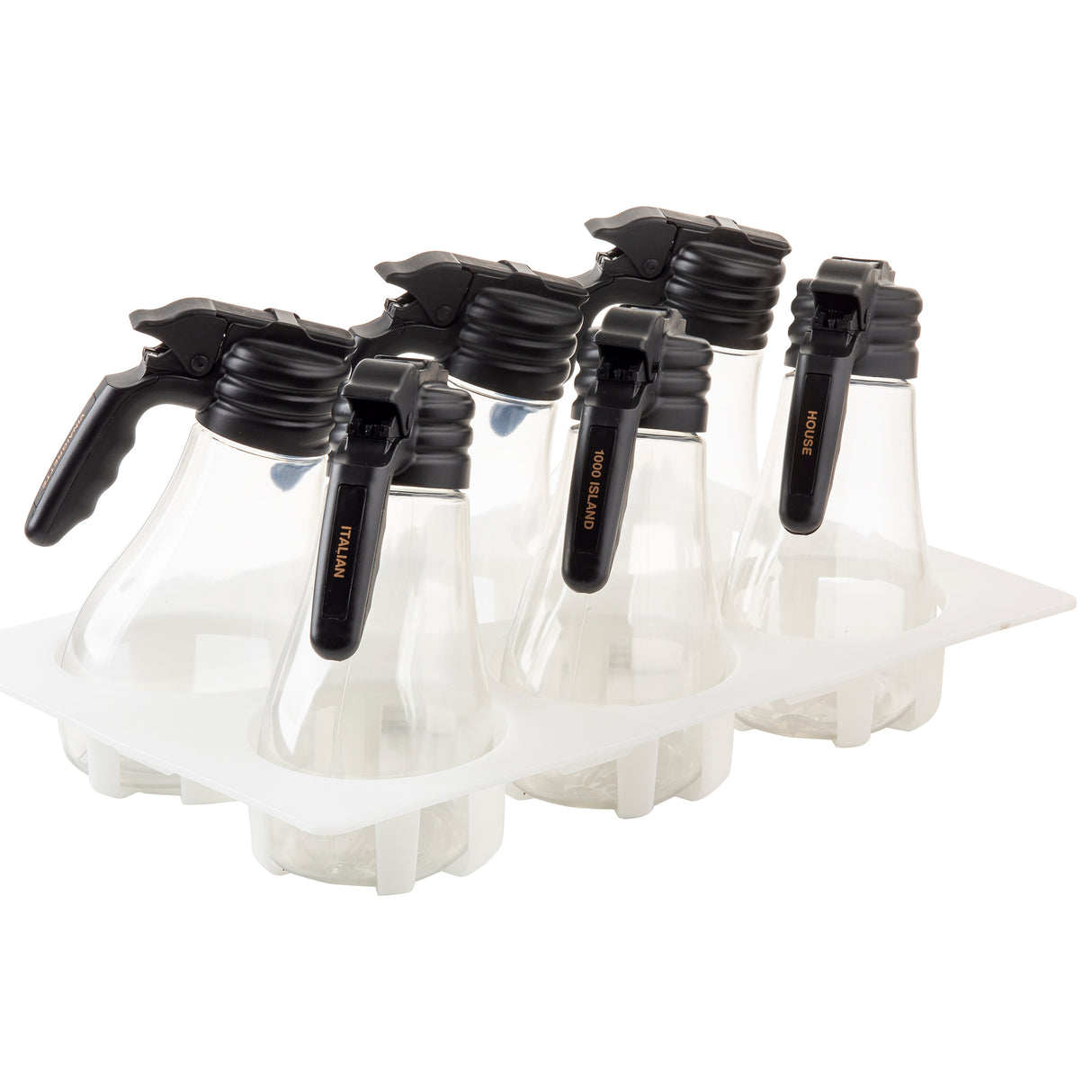 Four clear polycarbonate syrup dispensers with black handles and spouts are arranged in a white tray. Each salad dressing dispenser is labeled; all are empty, clean, and dishwasher safe for easy maintenance.