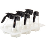 Four clear polycarbonate syrup dispensers with black handles and spouts are arranged in a white tray. Each salad dressing dispenser is labeled; all are empty, clean, and dishwasher safe for easy maintenance.