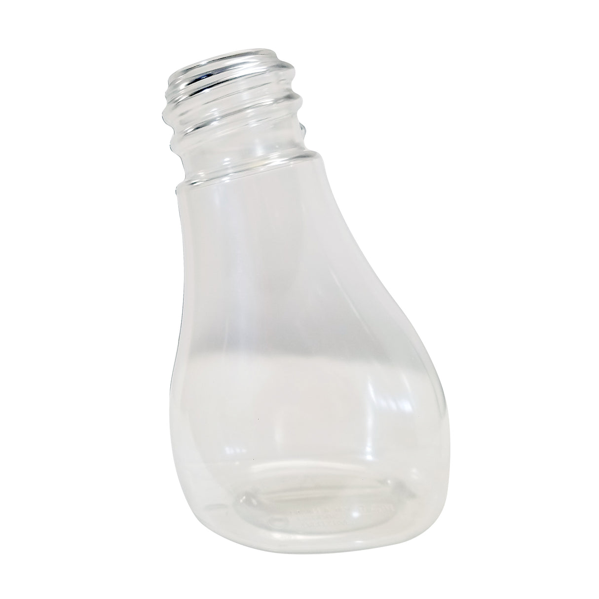 A clear, empty plastic bottle with a 48 oz capacity is shown against a white background. With a wide base and threaded neck for a cap, this replacement jar has a shiny, smooth surface and is tilted slightly to the right.