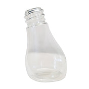 A clear, empty plastic bottle with a 48 oz capacity is shown against a white background. With a wide base and threaded neck for a cap, this replacement jar has a shiny, smooth surface and is tilted slightly to the right.