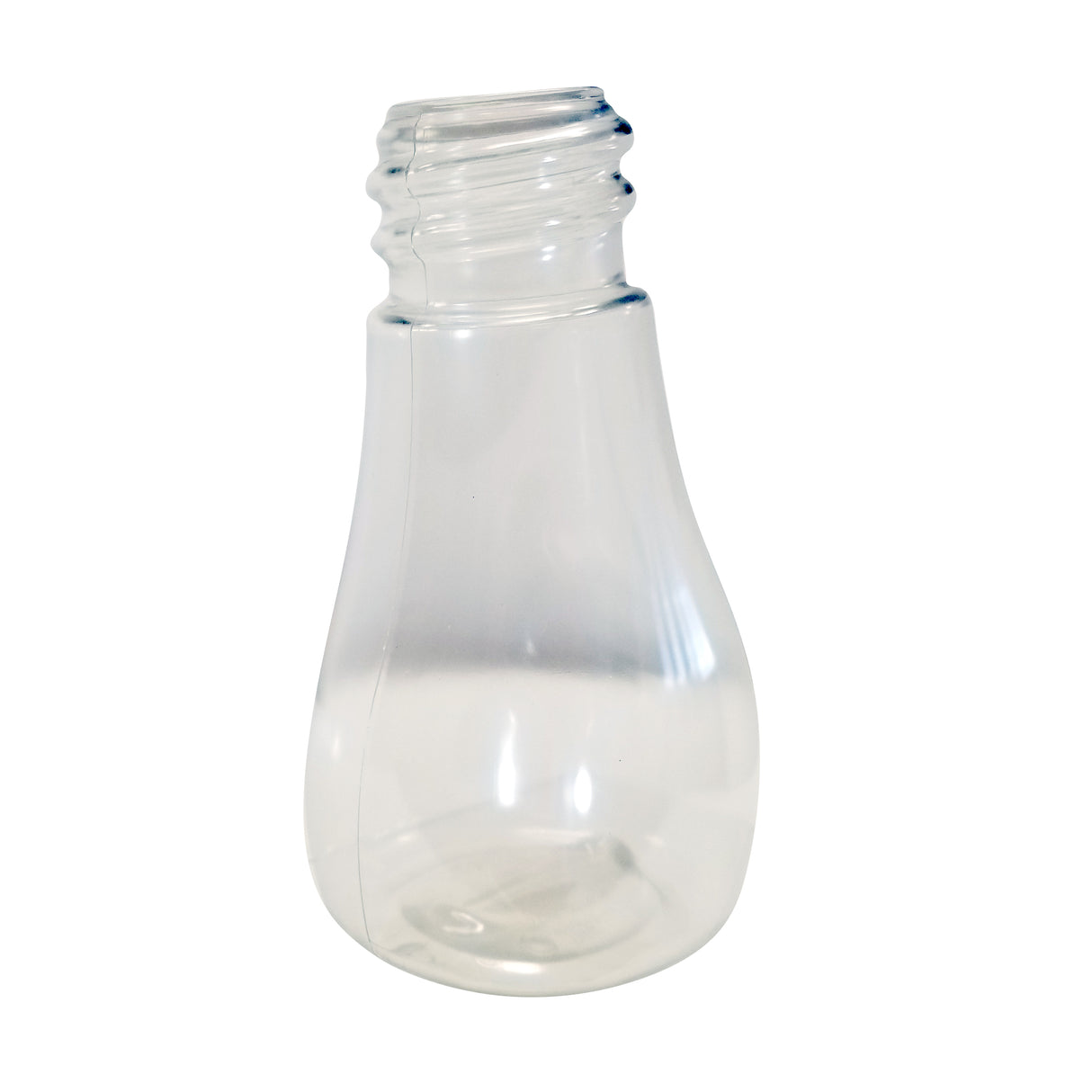 A clear, empty plastic bottle with a wide base and narrow, threaded neck, resembling the shape of a lightbulb. This 48 oz dispenser stands upright against a plain white background and is conveniently dishwasher safe.