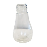 A clear, empty plastic bottle with a wide base and narrow, threaded neck, resembling the shape of a lightbulb. This 48 oz dispenser stands upright against a plain white background and is conveniently dishwasher safe.