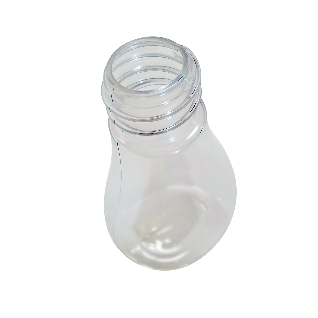 A clear, empty plastic bottle shaped like a lightbulb, shown from above at an angle. This 48 oz dispenser features a wide neck with threading for a cap, and its smooth, transparent surface reflects light. The background is plain white.