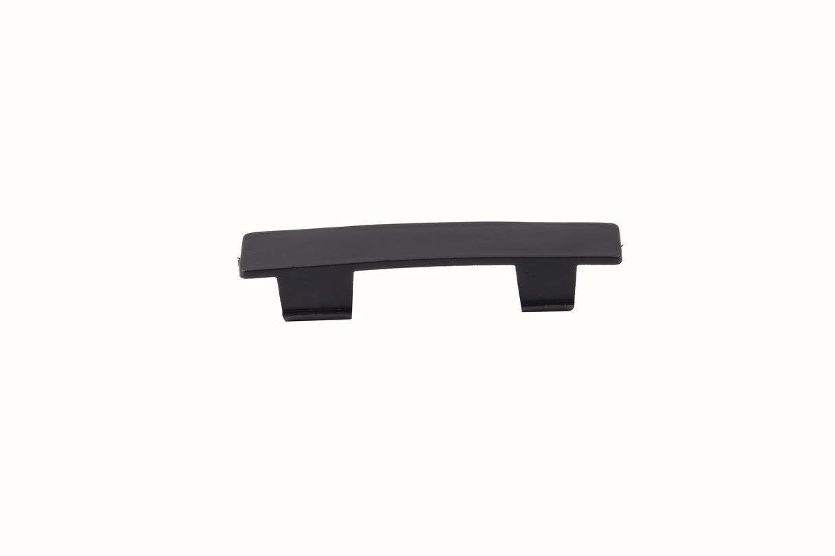 A black, rectangular polypropylene piece with a slight curve and two downward-facing legs. Centered on a white background, it appears to be a clip or cover component—potentially dishwasher safe—for an electronic device or furniture.