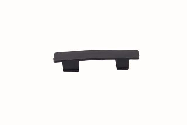 A black, rectangular polypropylene piece with a slight curve and two downward-facing legs. Centered on a white background, it appears to be a clip or cover component—potentially dishwasher safe—for an electronic device or furniture.