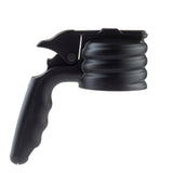 A black, ribbed, plastic handheld can opener with a curved ergonomic handle, a trigger mechanism at the top, and a circular section designed to grip and open cans. This dishwasher safe tool is set against a white background.