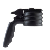 A black, ribbed, plastic handheld can opener with a curved ergonomic handle, a trigger mechanism at the top, and a circular section designed to grip and open cans. This dishwasher safe tool is set against a white background.