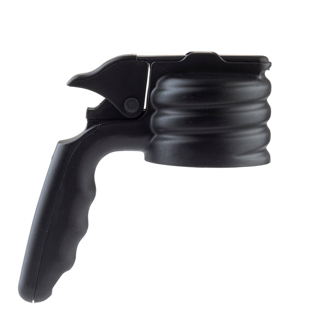 A black, ribbed, plastic handheld can opener with a curved ergonomic handle, a trigger mechanism at the top, and a circular section designed to grip and open cans. This dishwasher safe tool is set against a white background.