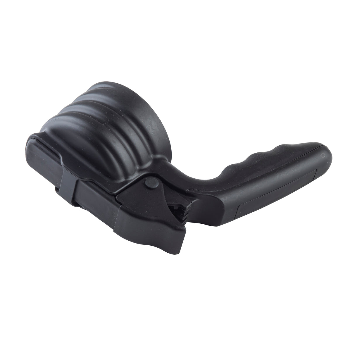A black, plastic handheld tool with a ridged, rounded head and a curved, ergonomic handle. This dishwasher safe jar opener or gripping aid is designed to help easily twist open lids or containers.