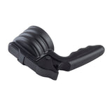A black, plastic handheld tool with a ridged, rounded head and a curved, ergonomic handle. This dishwasher safe jar opener or gripping aid is designed to help easily twist open lids or containers.
