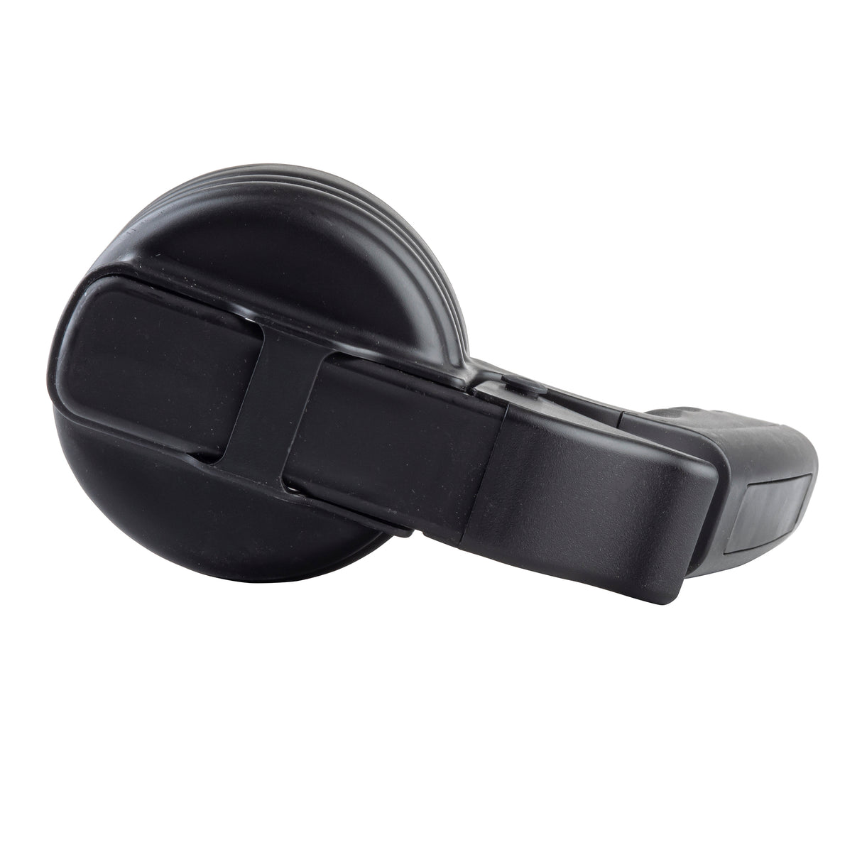 A black, round suction cup mount with an attached rectangular lever arm, designed for securing devices to flat surfaces. The matte plastic is dishwasher safe, and the arm features a hinge and textured areas. The background is plain white.