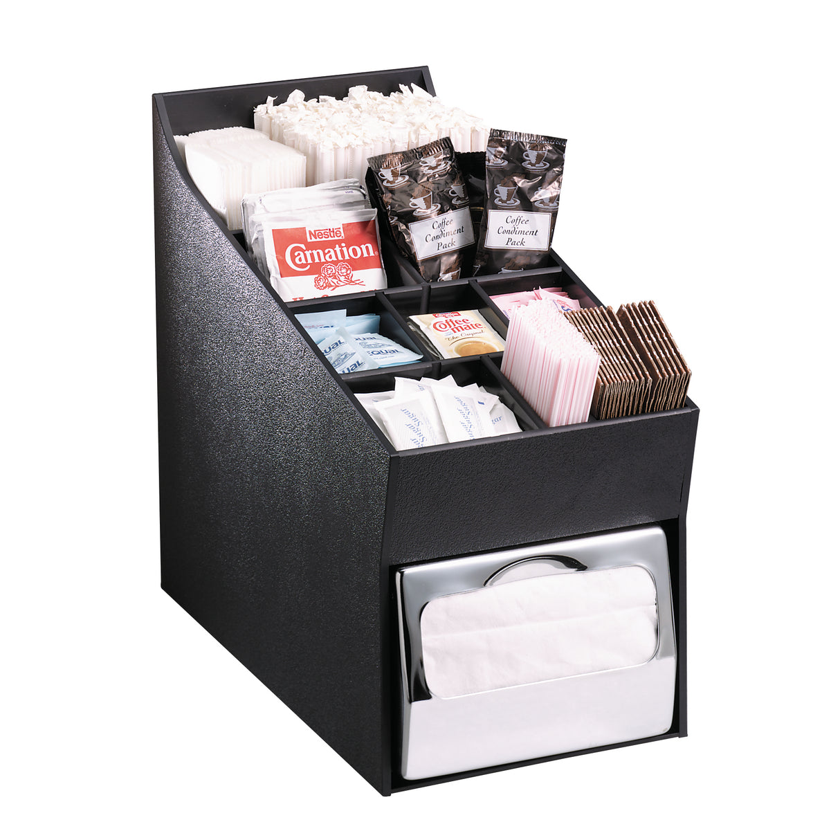 A black countertop condiment organizer holds stirrers, sugar, sweetener, cream packets, and coffee packets in divided compartments. A built-in metal napkin organizer at the bottom front neatly displays white napkins.