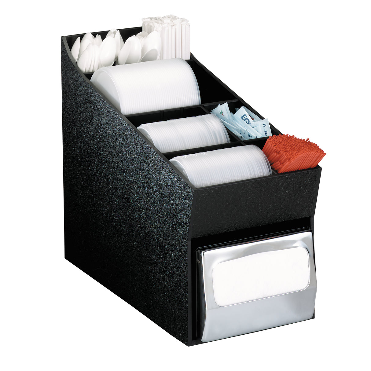 A black countertop condiment organizer holds white plastic forks, knives, spoons, stacked paper plates, wrapped straws, sugar packets, red napkins, and features a metal napkin organizer dispenser at the bottom front.