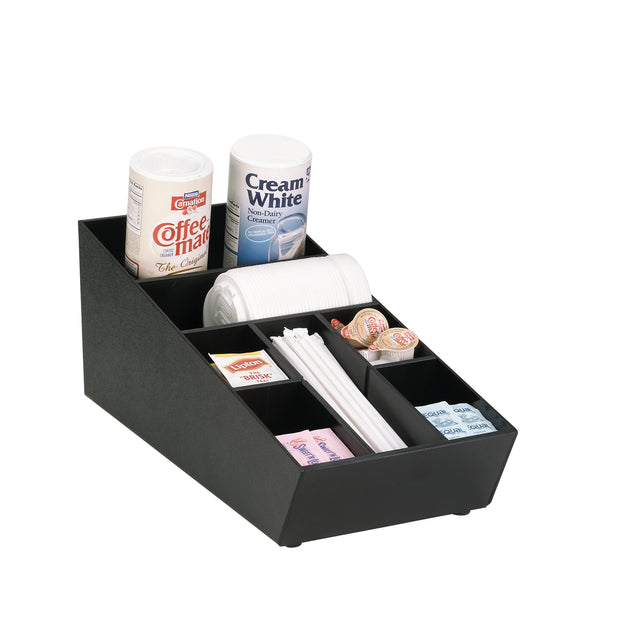 A black Condiment Organizer tray holds coffee supplies: containers of Coffee-mate and Creamer, a stack of white disposable cups, stirrers, and assorted packets of sugar, sugar substitute, and sweetener in separate compartments.