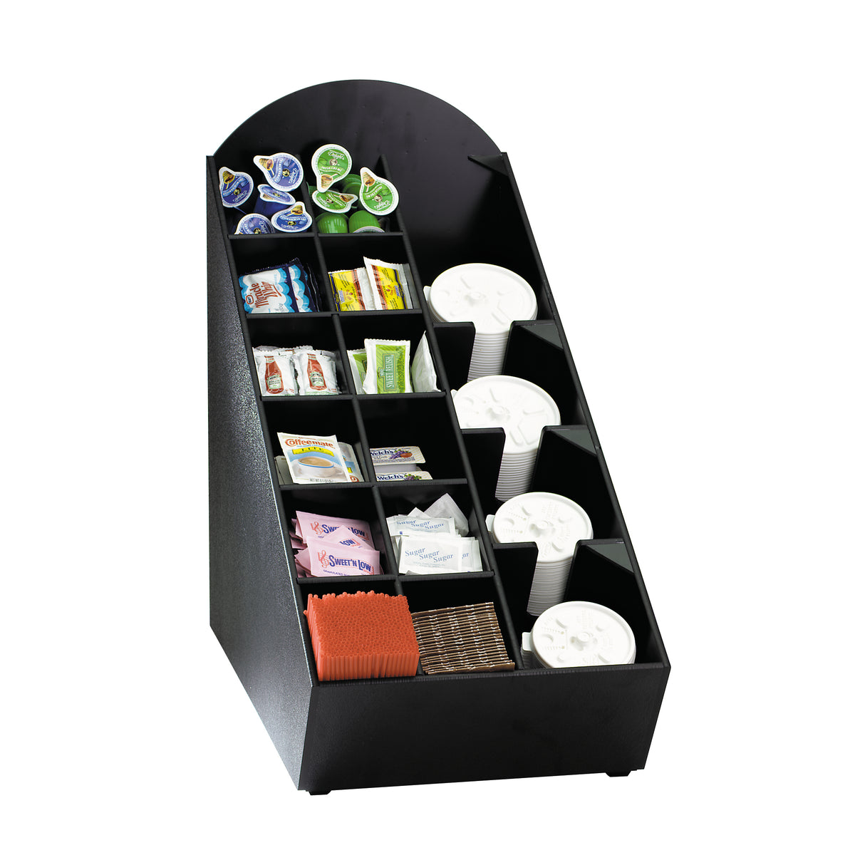 A black condiment organizer with multiple compartments neatly holds coffee creamers, sugar packets, stirrers, condiment packets, and stacked white disposable cups with lids, keeping everything separated and easy to access.
