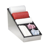 This countertop condiment organizer features three rows for stacked disposable cups in white and red, a straw organizer for wrapped white straws, and compartments for pink, blue, and white sweetener packets. It’s crafted from metal with black plastic sections.