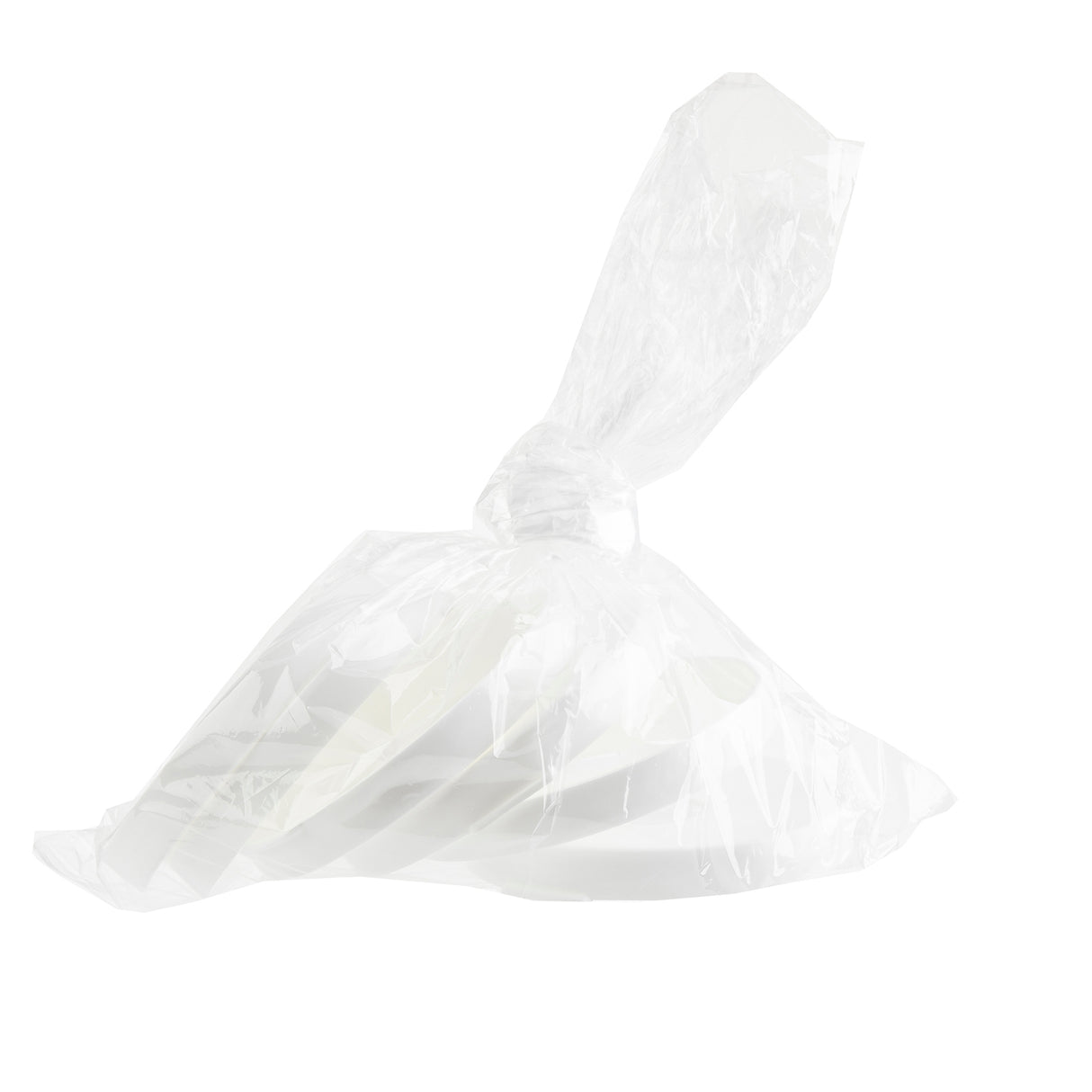 A stack of white plates is wrapped tightly in clear plastic, with the plastic gathered and twisted at the top to create a seal. Highlighting a clean, minimal look, these TableCraft Products are also conveniently dishwasher safe.