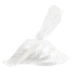 A stack of white plates is wrapped tightly in clear plastic, with the plastic gathered and twisted at the top to create a seal. Highlighting a clean, minimal look, these TableCraft Products are also conveniently dishwasher safe.
