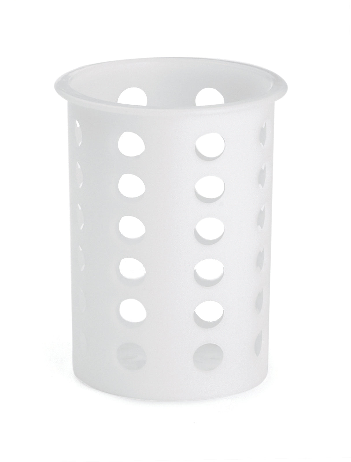 A white, cylindrical Flatware Cylinder utensil holder with a flared rim and evenly spaced round holes in vertical rows for airflow and drainage. Crafted from durable, dishwasher safe plastic, it’s perfect for organizing kitchen tools.