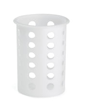 A white, cylindrical Flatware Cylinder utensil holder with a flared rim and evenly spaced round holes in vertical rows for airflow and drainage. Crafted from durable, dishwasher safe plastic, it’s perfect for organizing kitchen tools.
