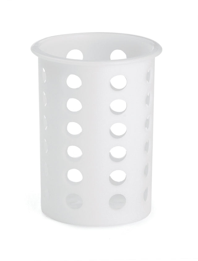 A white, cylindrical Flatware Cylinder utensil holder with a flared rim and evenly spaced round holes in vertical rows for airflow and drainage. Crafted from durable, dishwasher safe plastic, it’s perfect for organizing kitchen tools.