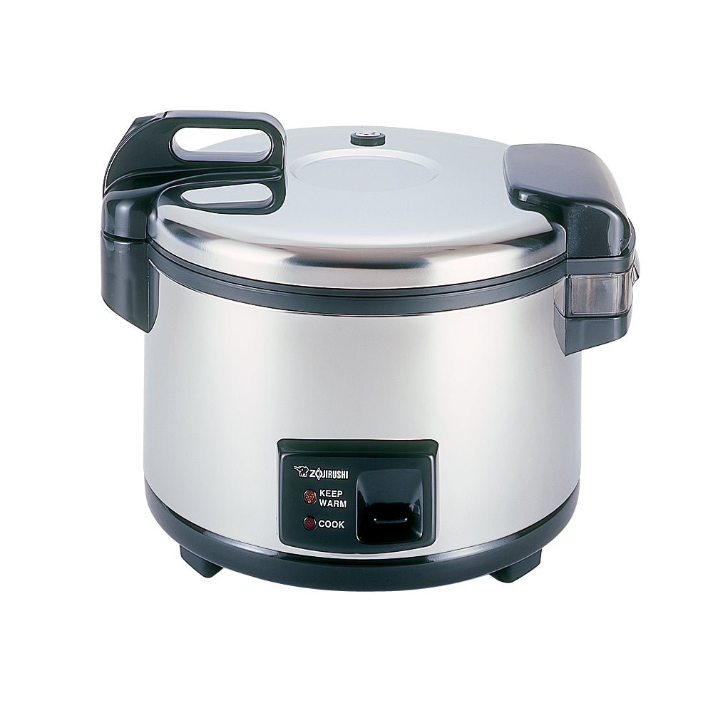 A stainless steel rice cooker with 20 cup capacity, black handles, and a lid. The front control panel features indicator lights for Keep Warm and Cook, plus a switch below. This commercial rice cooker sits on a white background.