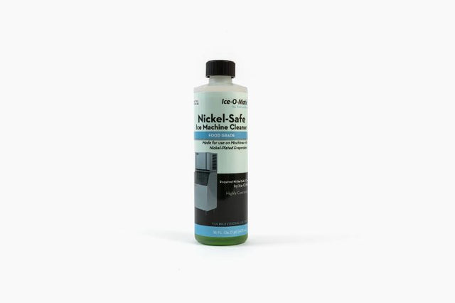 A bottle of Ice-O-Matic Nickel-Safe Ice Machine Cleaner with a black cap. The blue and green label highlights its food-grade formula, usage instructions, and an ice machine image. The bottle stands upright on a white background.