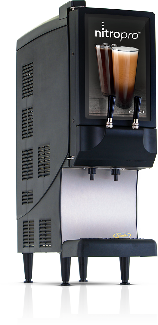 A black and silver NitroPro Mini Cold Brew Dispenser with two taps displays two glasses of layered nitro coffee. This countertop cold brew dispenser stands on four legs with a metal drip tray beneath the taps and is labeled nitropro at the top.