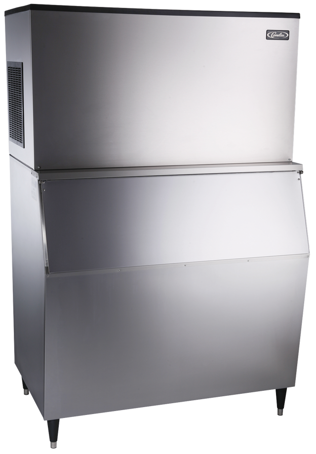 Large commercial stainless steel modular ice maker with high-capacity ice production, a rectangular shape, front-facing door for ice retrieval, small black legs, and a side vent. Sleek and industrial design produces full-size cubes—ideal for restaurants or food service.