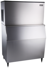 A large, industrial modular ice maker with a boxy shape, four black legs, a top section for making full-size cubes, and an air-cooled lower bin for storage. The front features a smooth surface and a prominent horizontal handle.
