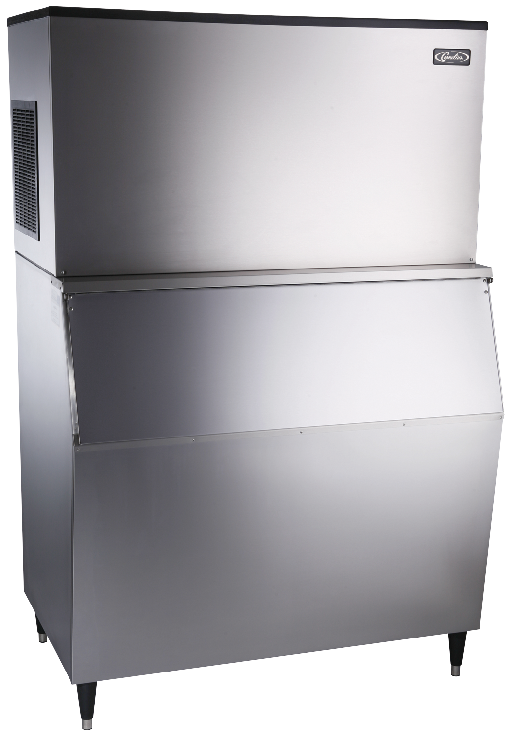 A large commercial stainless steel Modular Ice Maker stands on four black legs. The machine features a rectangular upper section with a brand logo, a side ventilation grill, and produces half-size cubes accessed through its wide, angled lower door.