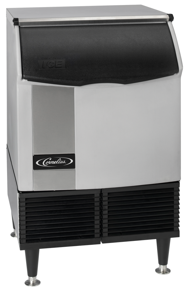A commercial under counter ice maker with a stainless steel body, black vent and base, and a front-facing door labeled ICE. The Cornelius logo appears in black and white on the lower section of the machine. Produces half-size cubes.